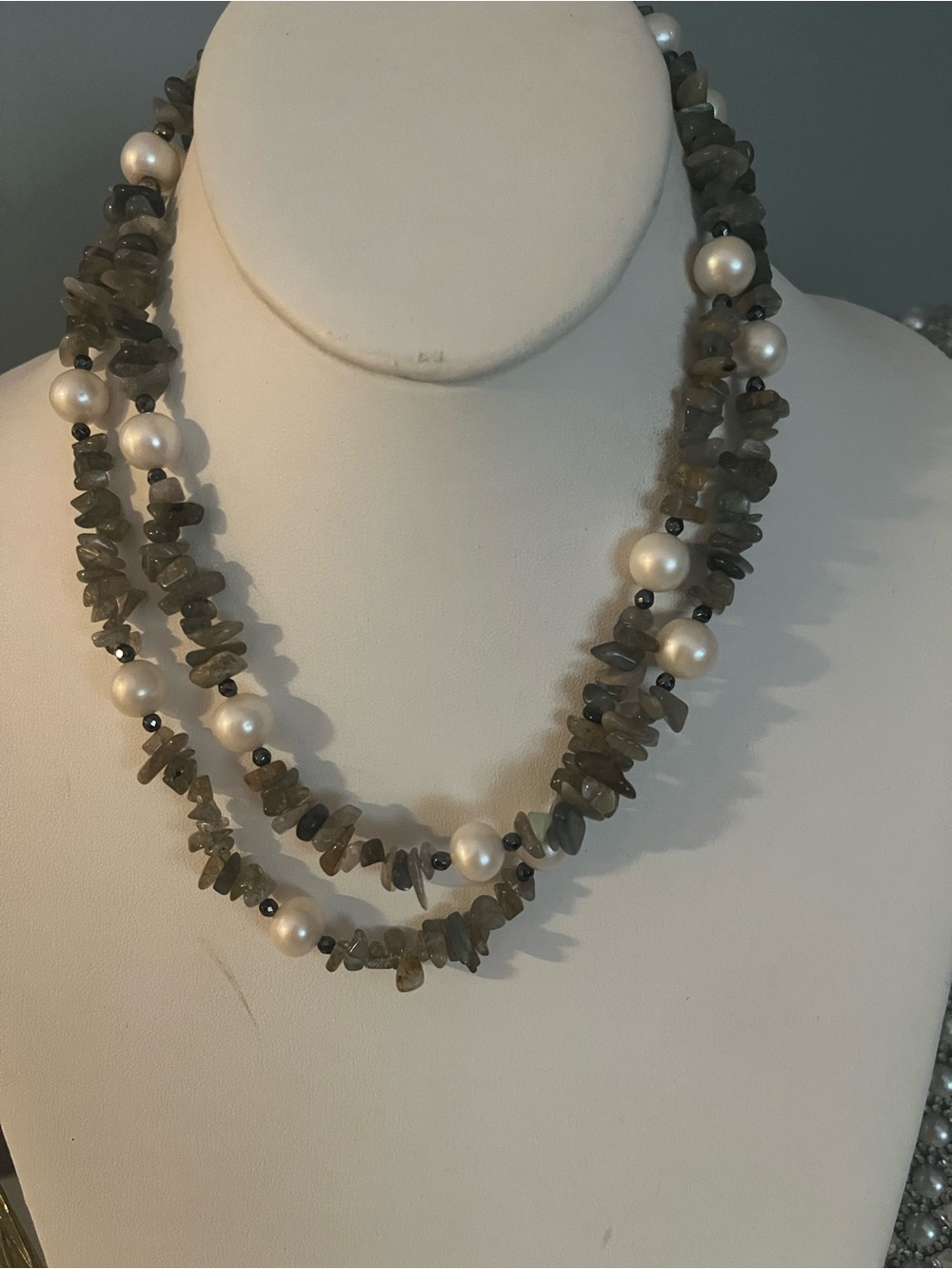 Natural Stone Labradorite and Freshwater Pearl Long Necklace